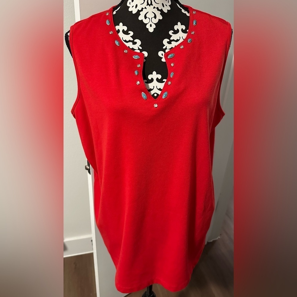 Avenue Red Tank Top with Bohemian Beaded Embellished Cutout